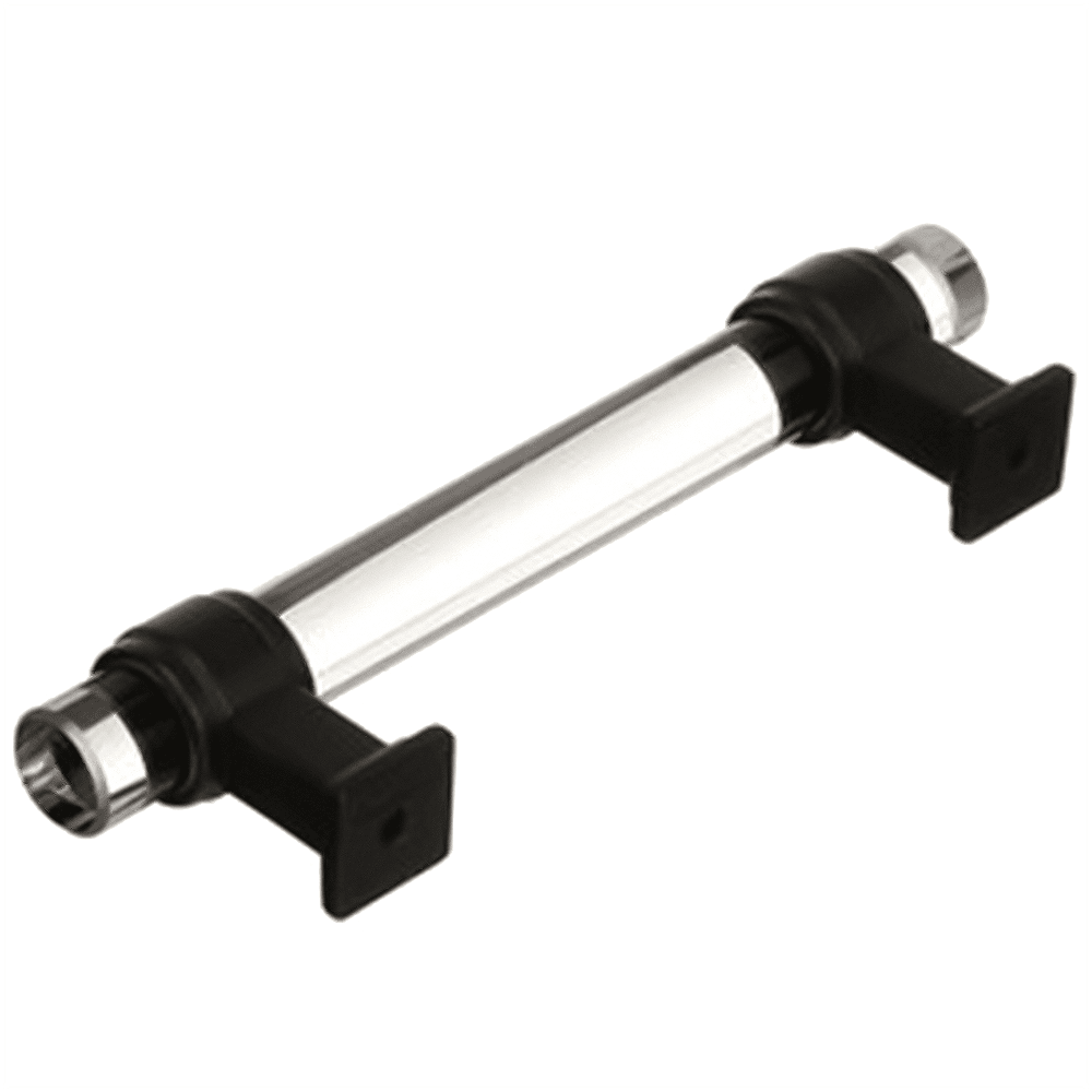 Clear/Black Bronze Amerock Glacio Glass Door Pull on White Cabinet with Glass Doors