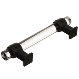 Clear/Black Bronze Amerock Glacio Glass Door Pull on White Cabinet with Glass Doors