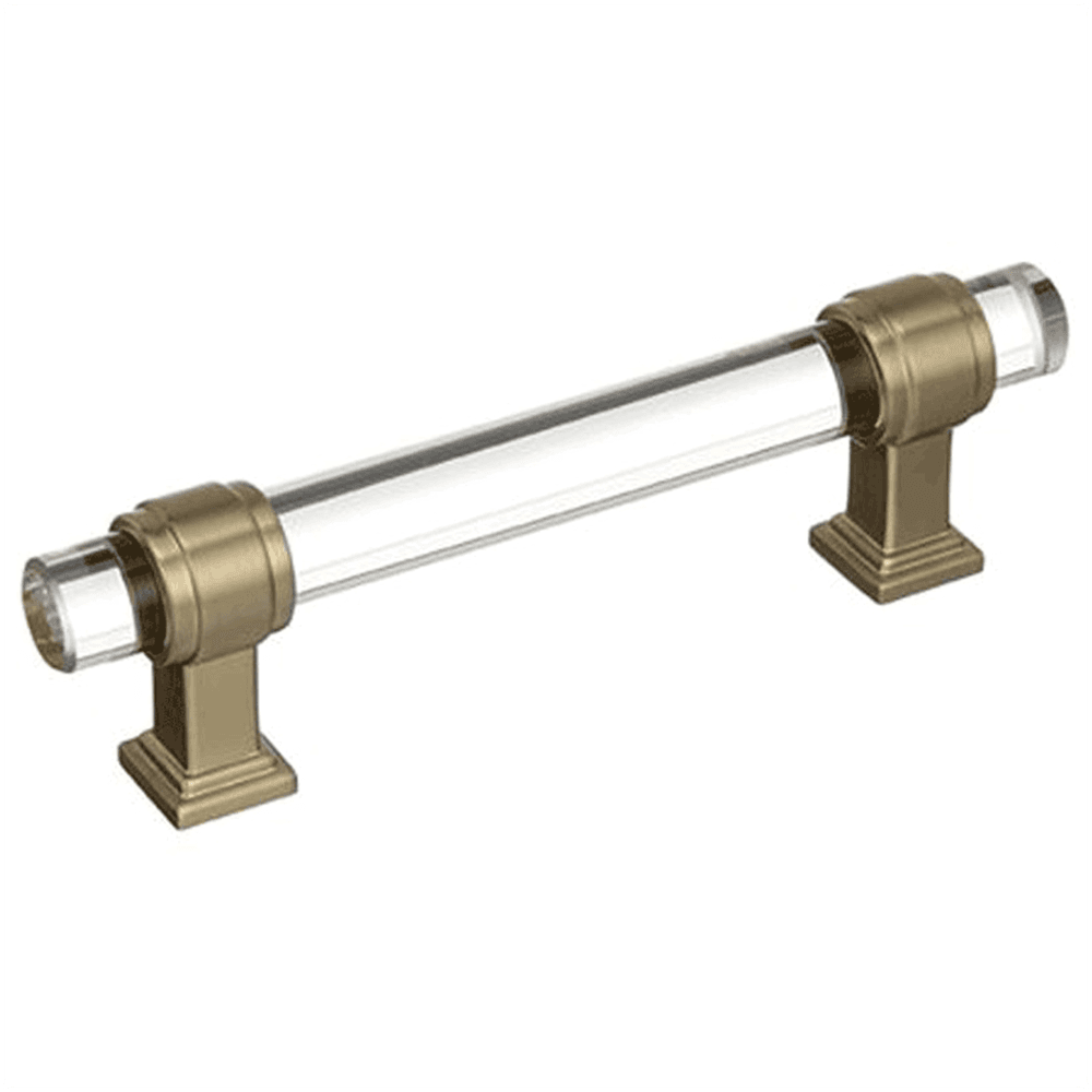 Amerock 3-3/4" Glacio Glass Door Pull in Clear/Golden Champagne on White Background