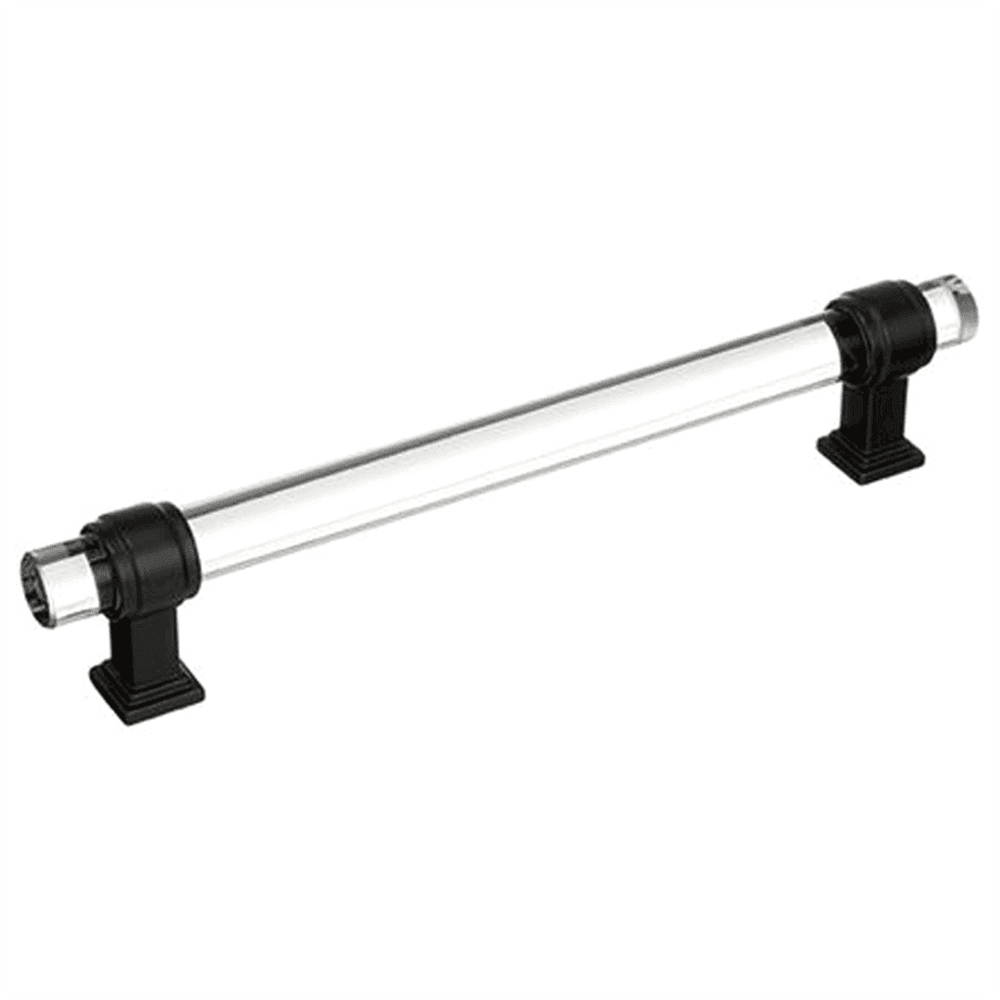 Amerock 6-5/16" Glacio Glass Door Pull in Clear/Black Bronze on wood cabinet