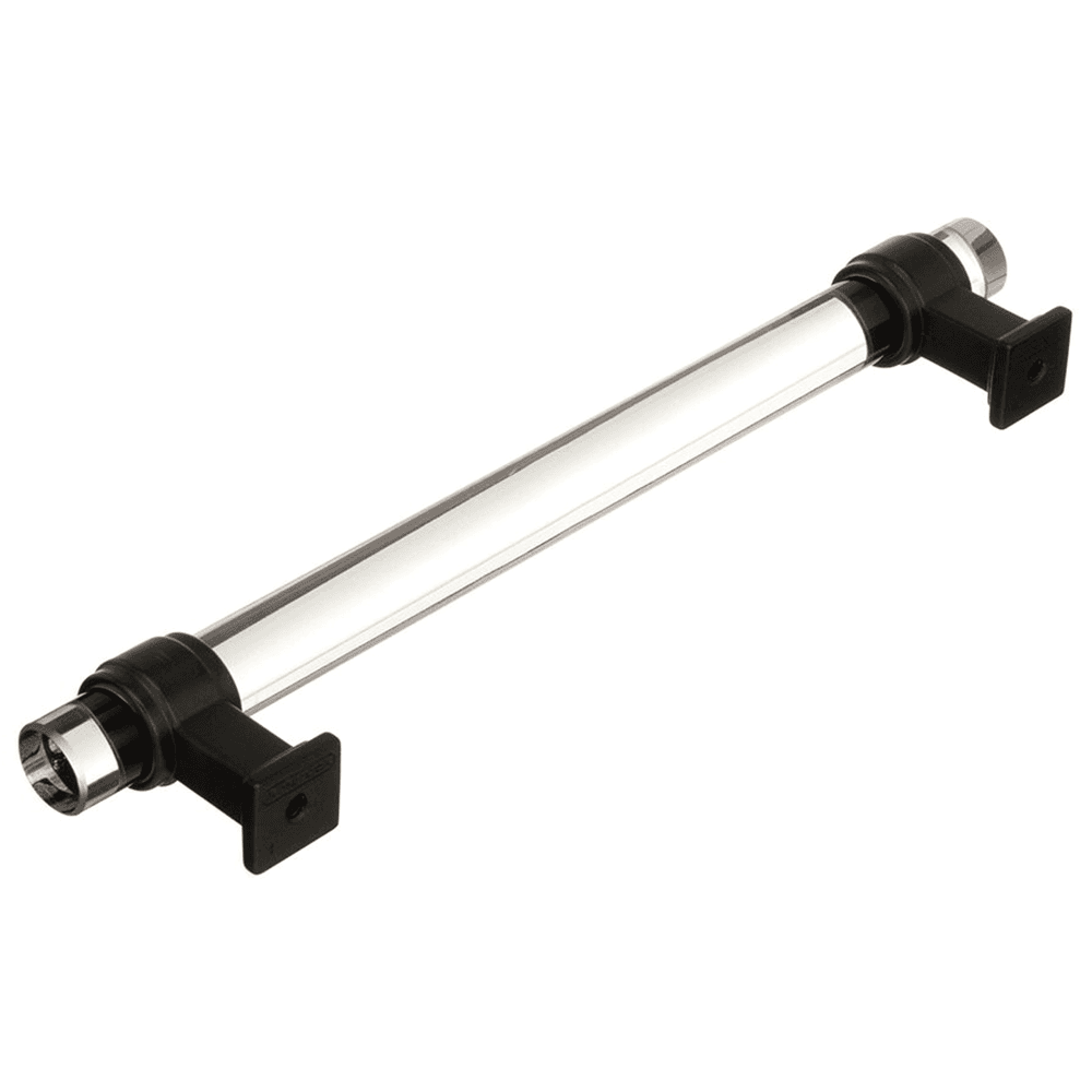 Close-up of Amerock Glacio Glass Door Pull in Clear/Black Bronze on wood cabinet