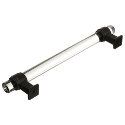 Close-up of Amerock Glacio Glass Door Pull in Clear/Black Bronze on wood cabinet