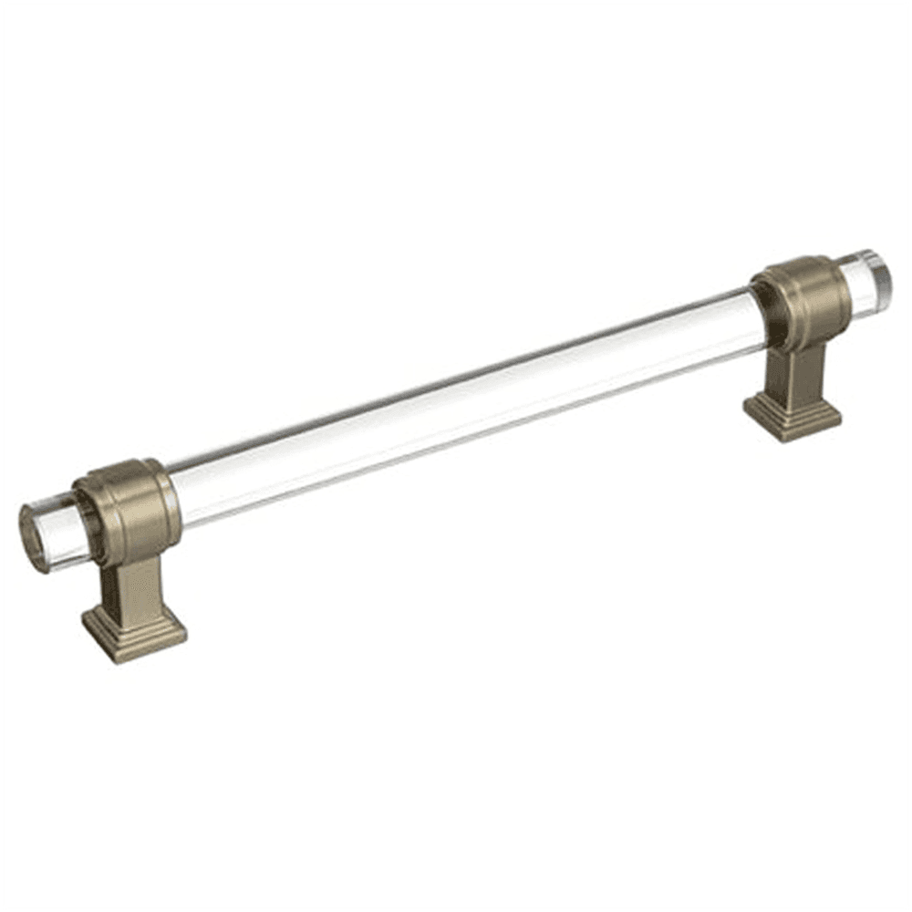 Amerock 6-5/16" Glacio Glass Door Pull in Clear/Golden Champagne color on a wooden cabinet