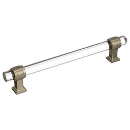 Amerock 6-5/16" Glacio Glass Door Pull in Clear/Golden Champagne color on a wooden cabinet