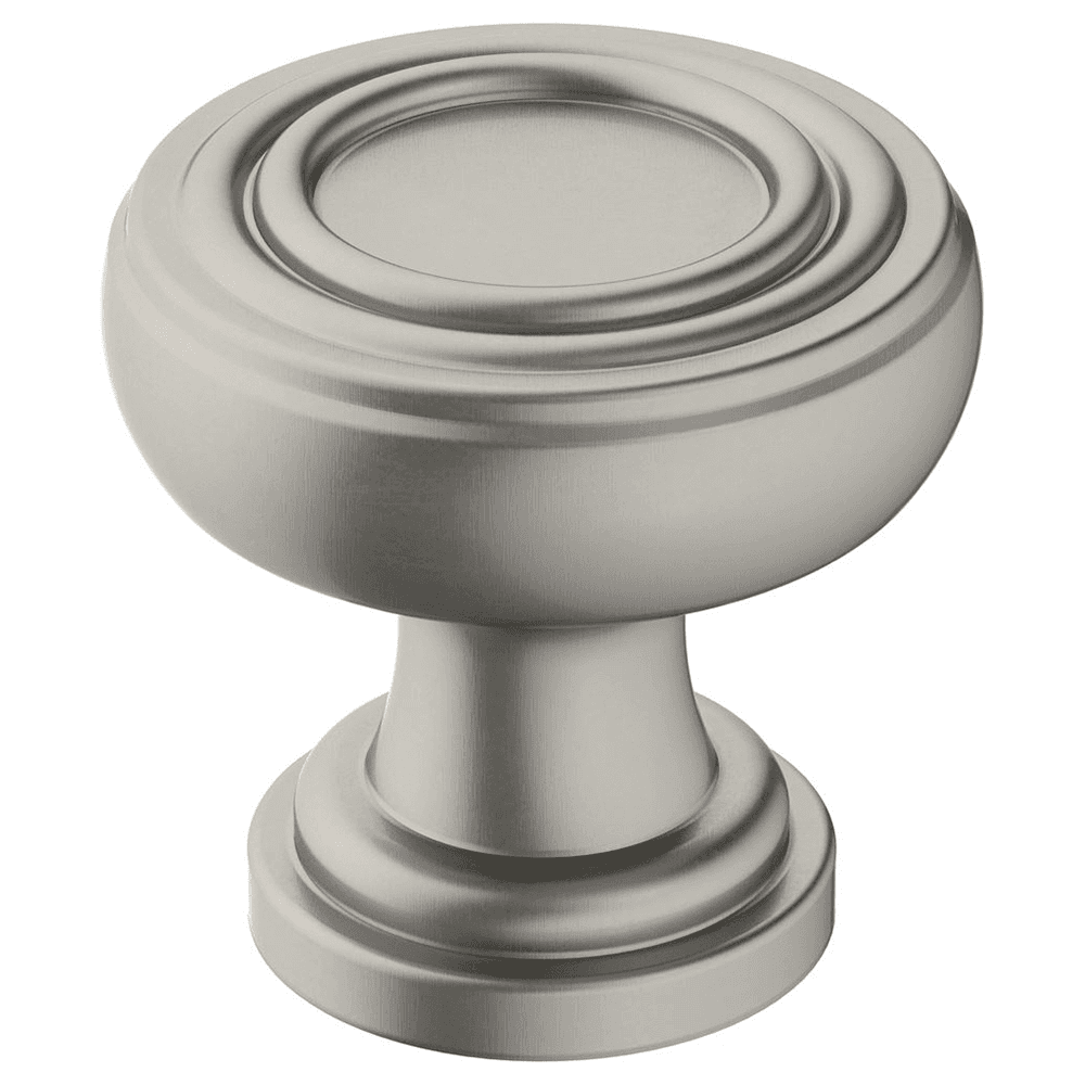 Amerock Ville 1-1/8" Satin Nickel Cabinet Knob in use on a gray cabinet.