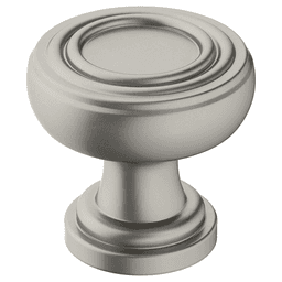 Amerock Ville 1-1/8" Satin Nickel Cabinet Knob in use on a gray cabinet.