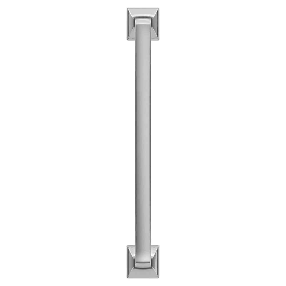 Amerock Ville Handle Pull in Satin Nickel finish on white cabinet door