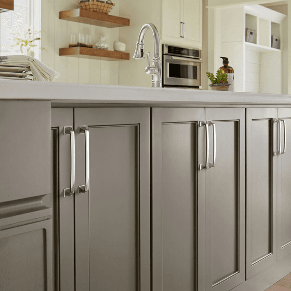 Amerock Ville Handle Pull on wooden drawer in Satin Nickel finish