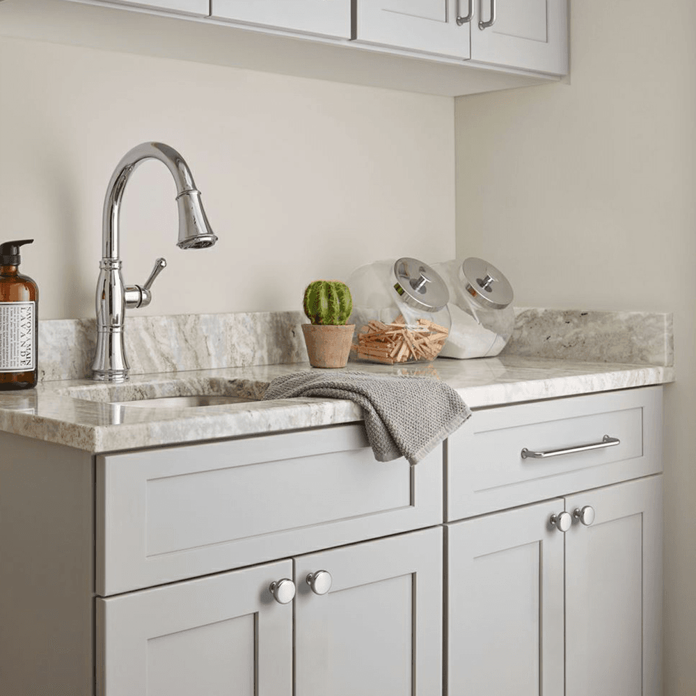 Amerock Factor Collection Polished Chrome Handle Pull on Wood Cabinet