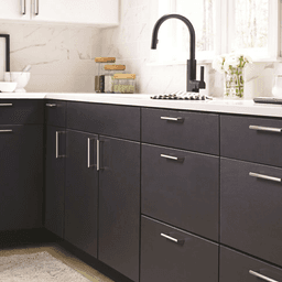 Close-up of Amerock Revolve Handle Pull, Matte Black finish