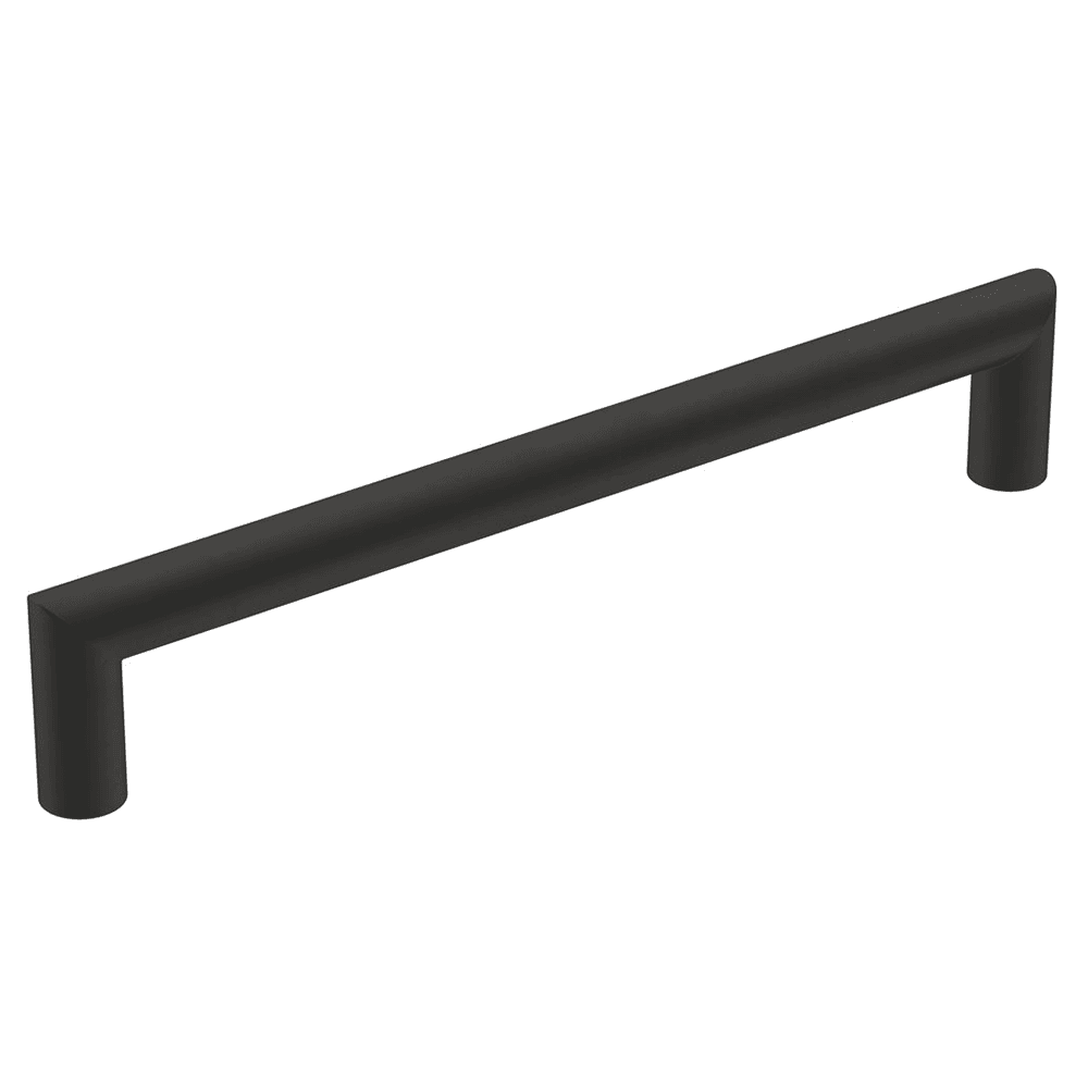 Amerock 160mm Matte Black Revolve Handle Pull in use on cabinet