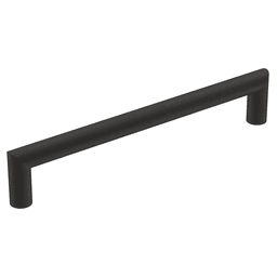 Amerock 160mm Matte Black Revolve Handle Pull in use on cabinet