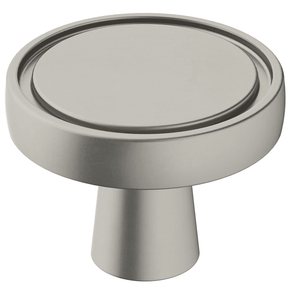 Amerock Destine Satin Nickel Knob on a Beige Cabinet Door