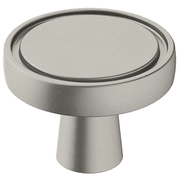Amerock Destine Satin Nickel Knob on a Beige Cabinet Door