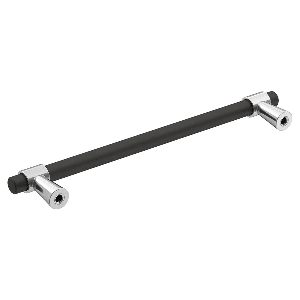 Amerock Mergence 6-5/16" center-to-center bar pull in Matte Black/Polished Chrome finish.