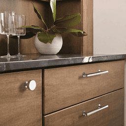 Amerock Radius Satin Nickel Knob on Dark Wood Cabinet Door