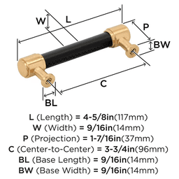 96mm Fairlane Cabinet Pull, Black Leather/Champagne Bronze Alt 1 - Image