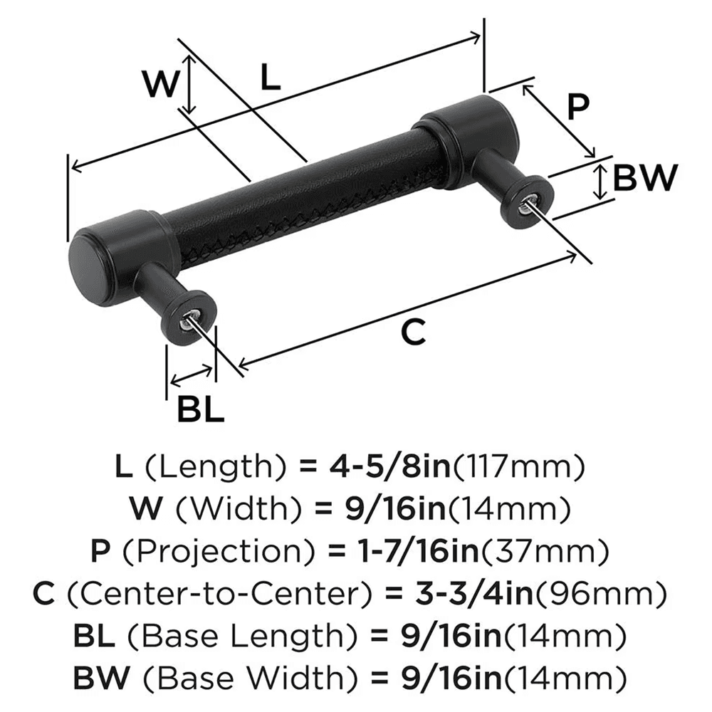 96mm Fairlane Cabinet Pull, Black Leather/Matte Black Alt 1 - Image