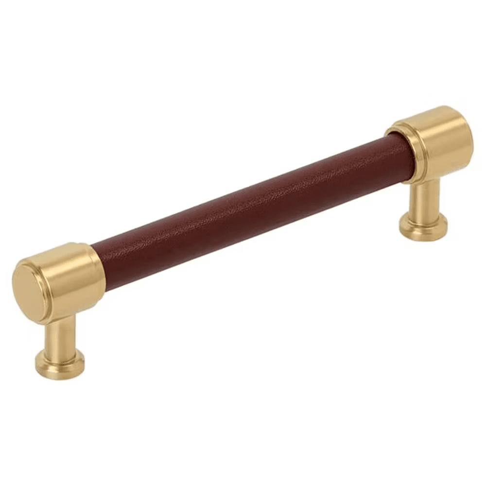 128mm Fairlane Cabinet Pull, Brown Leather/Champagne Bronze Main - Image