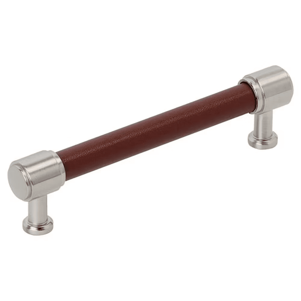 128mm Fairlane Cabinet Pull, Brown Leather/Satin Nickel Main - Image