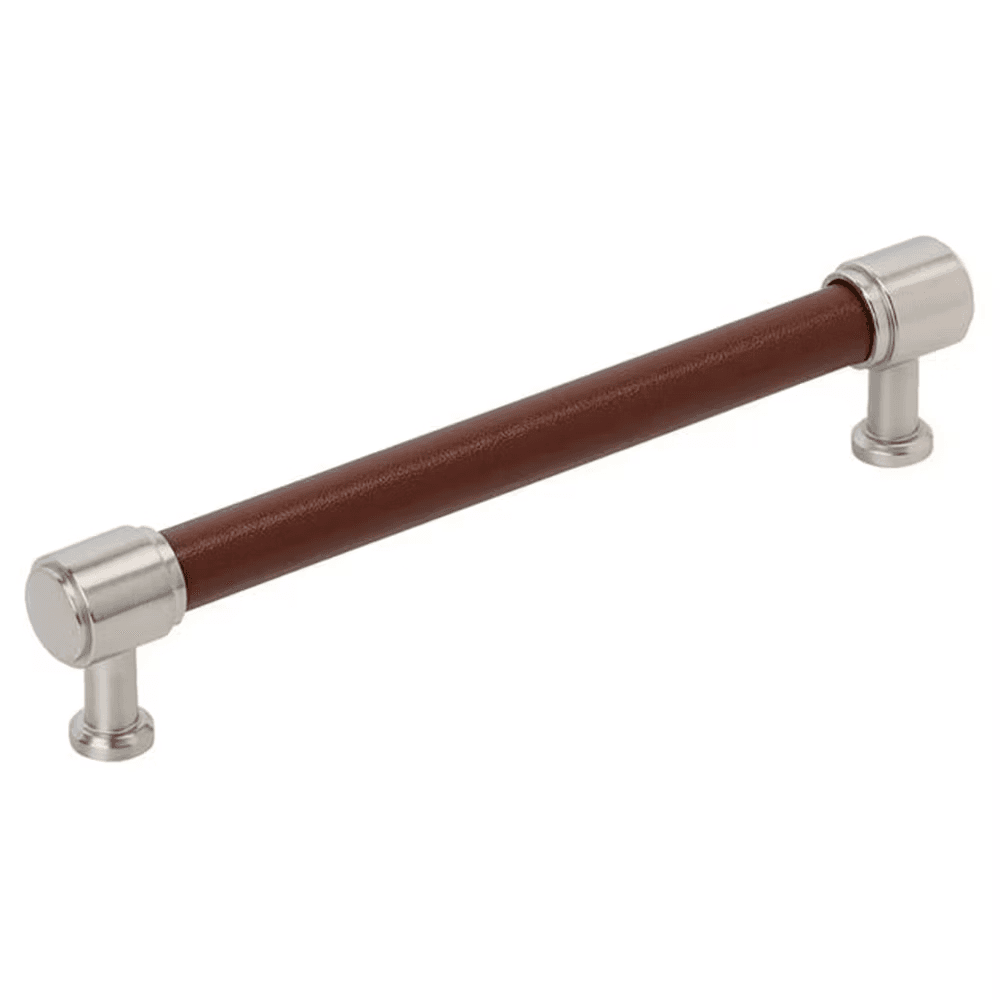 160mm Fairlane Cabinet Pull, Brown Leather/Satin Nickel Main - Image