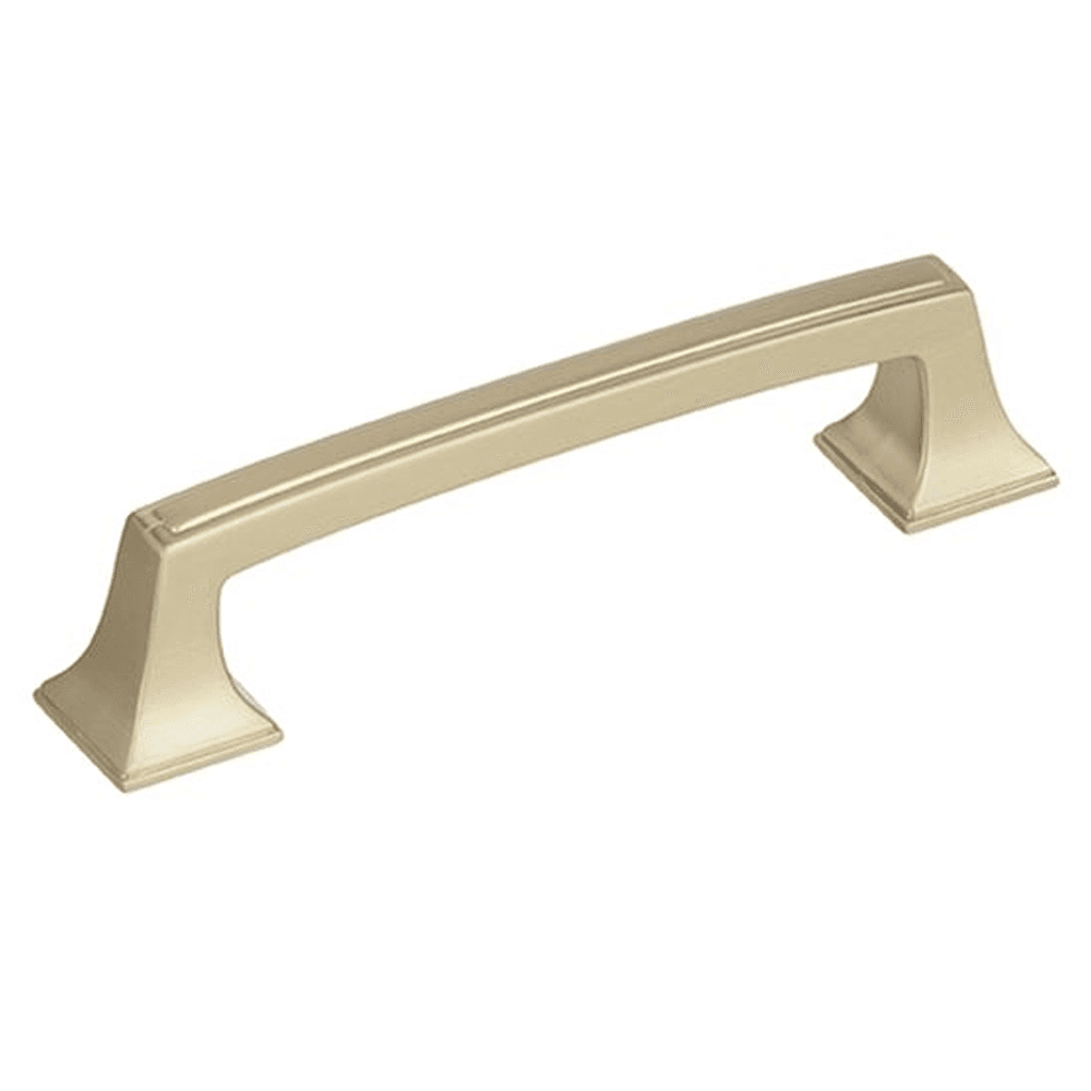 Amerock 96mm Mulholland&trade; Handle Pull in Golden Champagne finish on kitchen cabinets