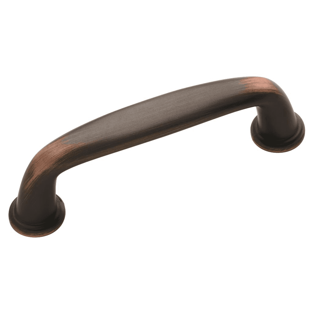 Amerock Kane Handle Pull in Oil-Rubbed Bronze with 3 inches length on a white cupboard.
