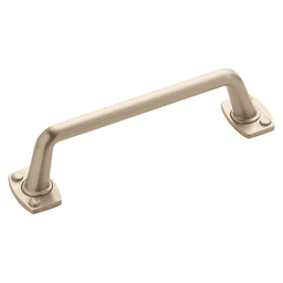 Close-up of Amerock Rochdale&trade; Handle Pull, Graphite on a grey cabinet.