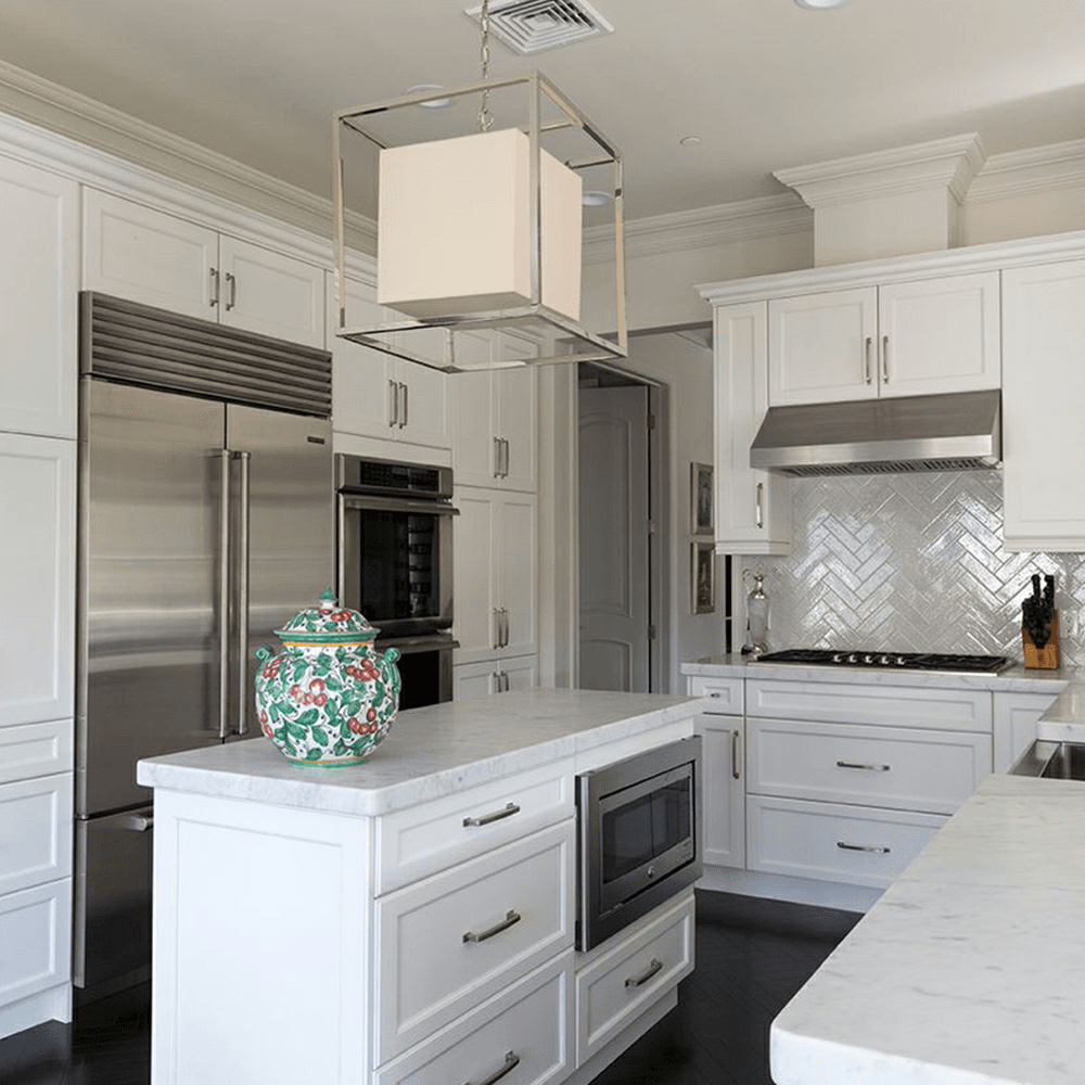 Industrial design aesthetic of Amerock Rochdale Appliance Pull in Satin Nickel