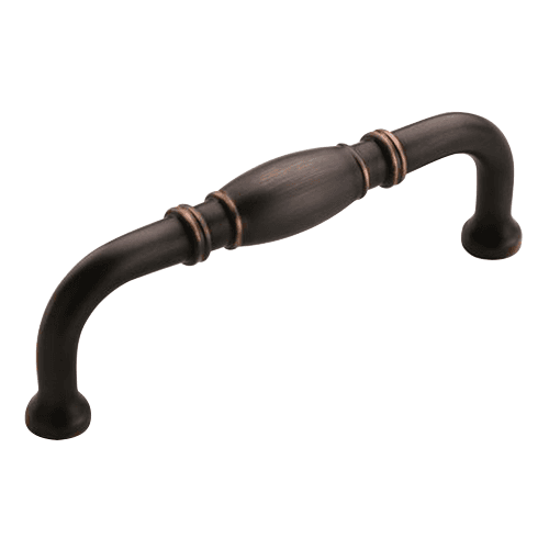 Amerock 96mm Granby Handle Pull in Oil-Rubbed Bronze finish on white cabinet background