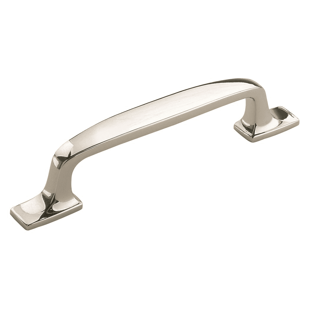 Amerock 96mm Highland Ridge Handle Pull in Polished Nickel on white background