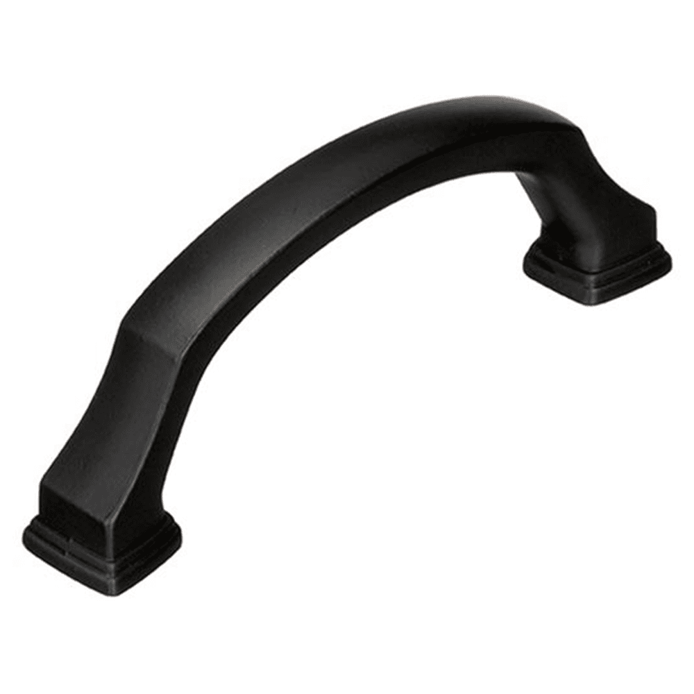 Amerock Revitalize Handle Pull in Oil-Rubbed Bronze on kitchen cabinet with black countertop