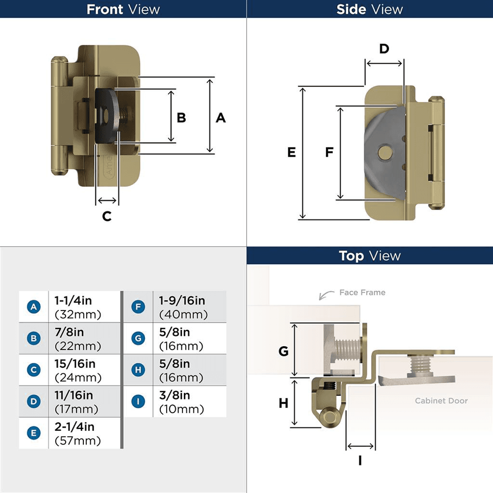 Double Demountable Hinge, Self-Closing, 3/8" Inset, Burnished Brass - Dimensions