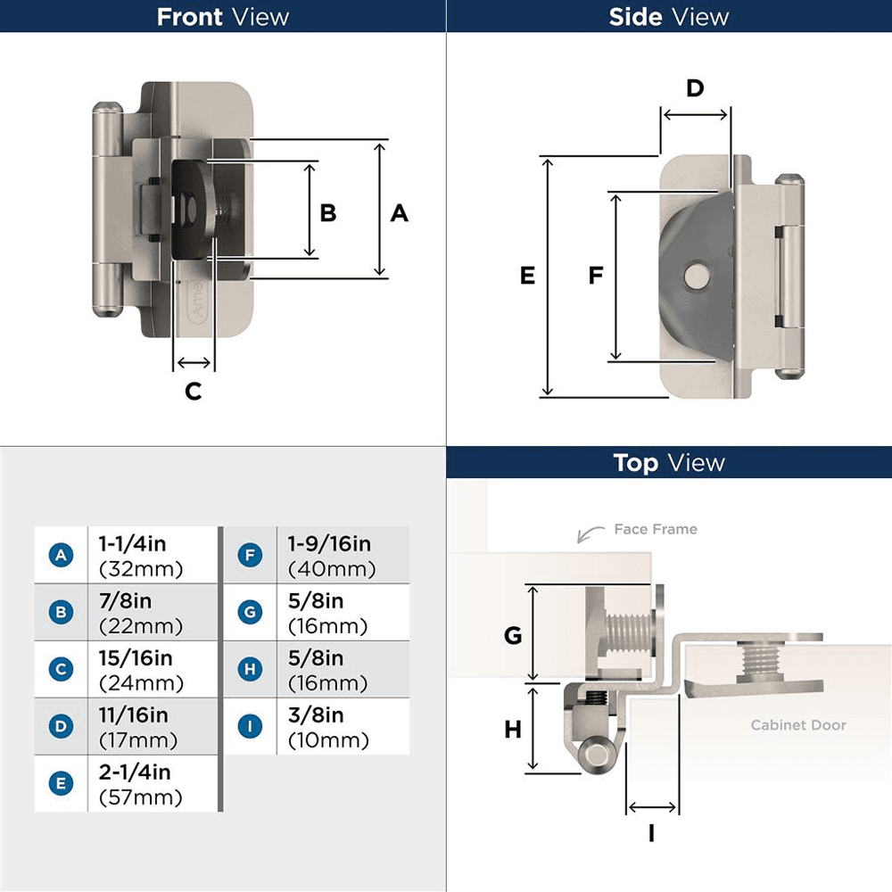 Double Demountable HingeSelf-Closing, 3/8" Inset, Sterling Nickel-Plated - Dimensions