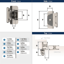 Double Demountable HingeSelf-Closing, 3/8" Inset, Sterling Nickel-Plated - Dimensions