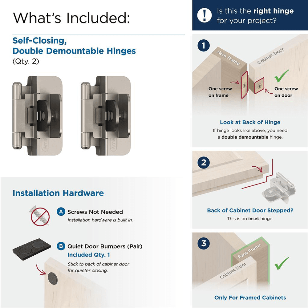 Double Demountable Hinge, Self-Closing, 1/2" Overlay, Satin Nickel - What's Included