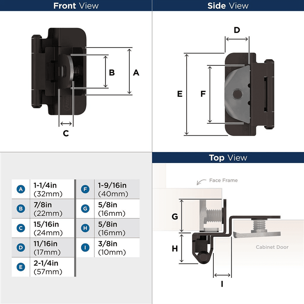 Double Demountable Hinge, Self-Closing, 3/8" Inset, Oil Rubbed Bronze - Dimensions