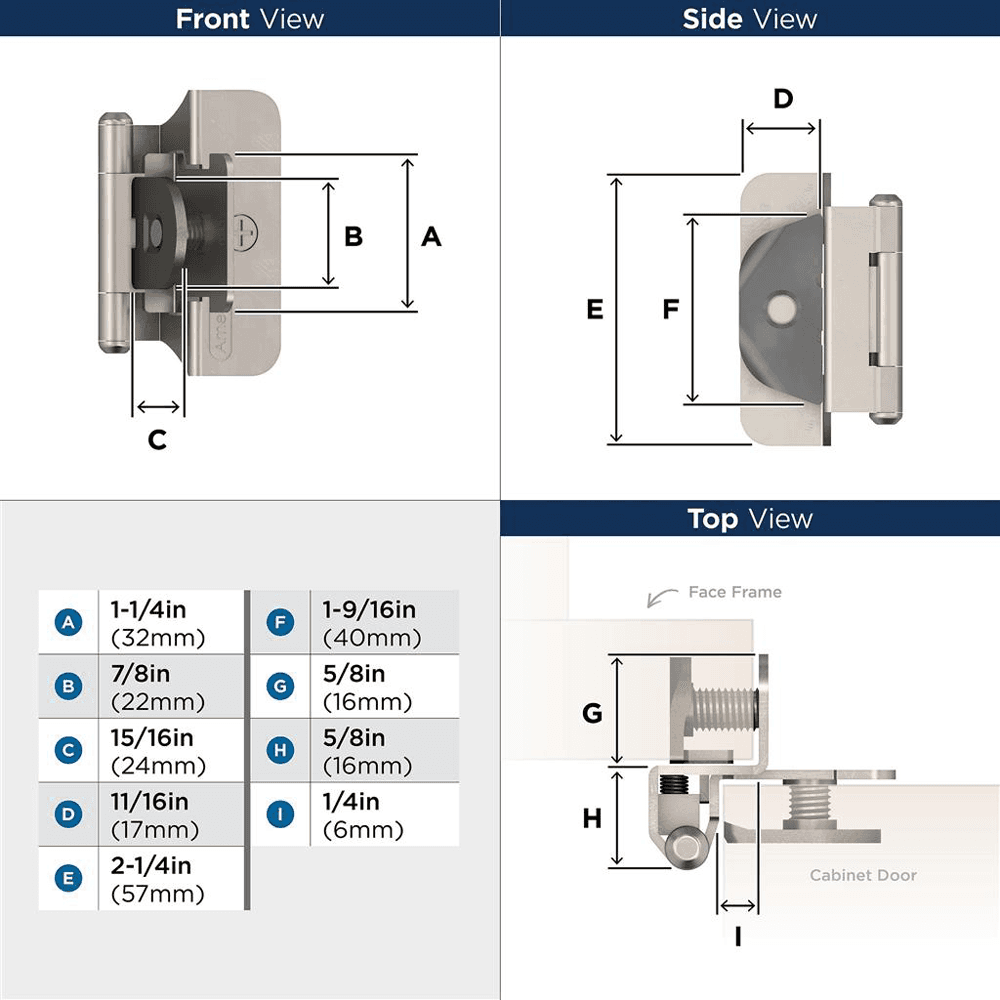 Double Demountable Hinge, Self-Closing, 3/8", Inset, Satin Nickel - Dimensions