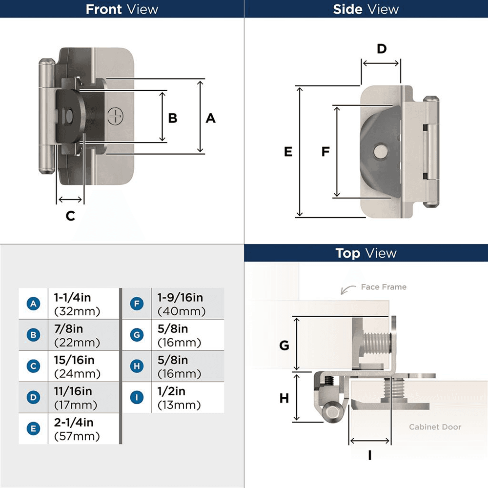 Double Demountable Hinge, Self-Closing, 1/2" Overlay, Satin Nickel-Plated - Dimensions