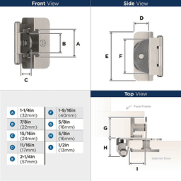 Double Demountable Hinge, Self-Closing, 1/2" Overlay, Satin Nickel-Plated - Dimensions
