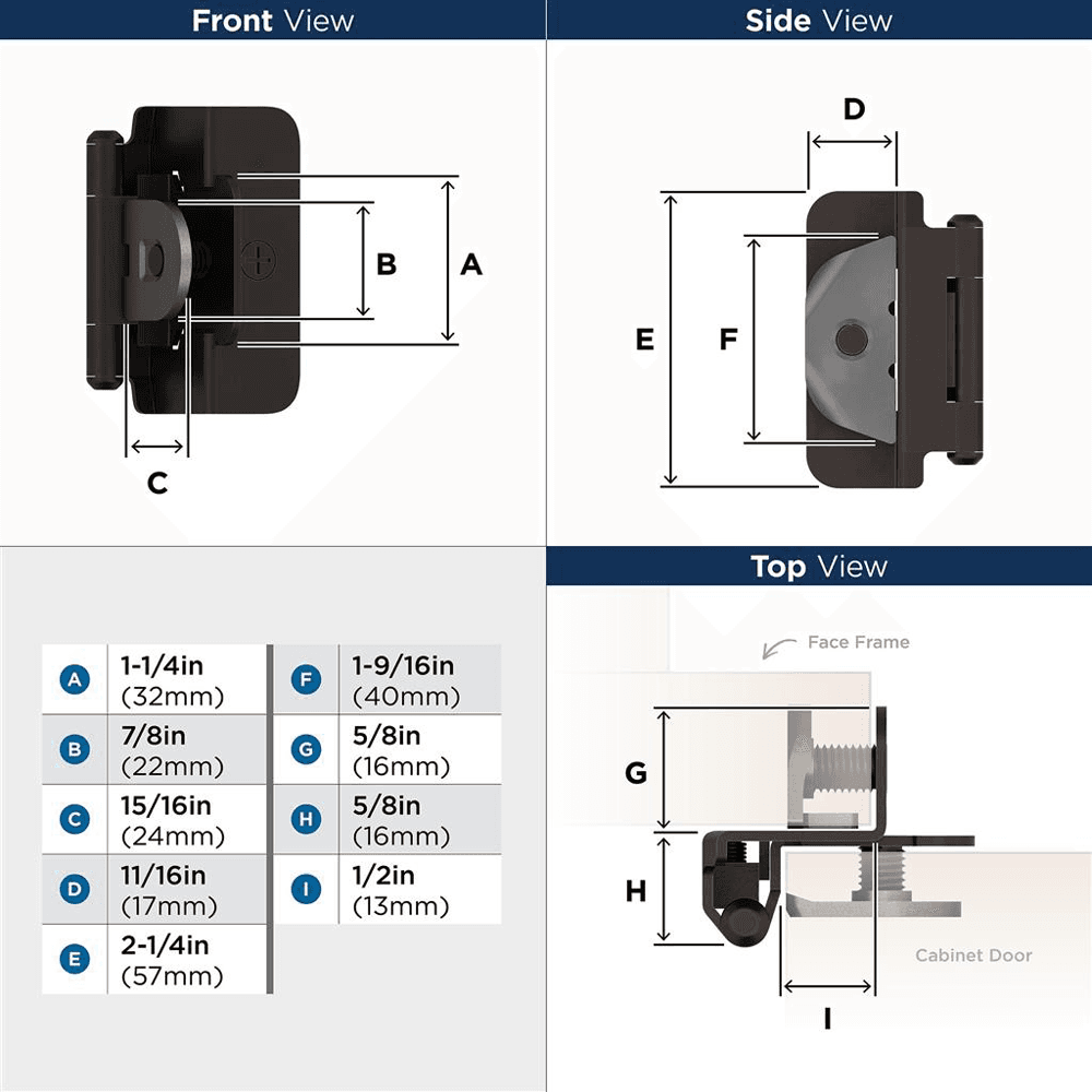 Double Demountable Hinge, Self-Closing, 1/2" Overlay, Oil Rubbed Bronze - Dimensions