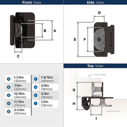 Double Demountable Hinge, Self-Closing, 1/2" Overlay, Oil Rubbed Bronze - Dimensions