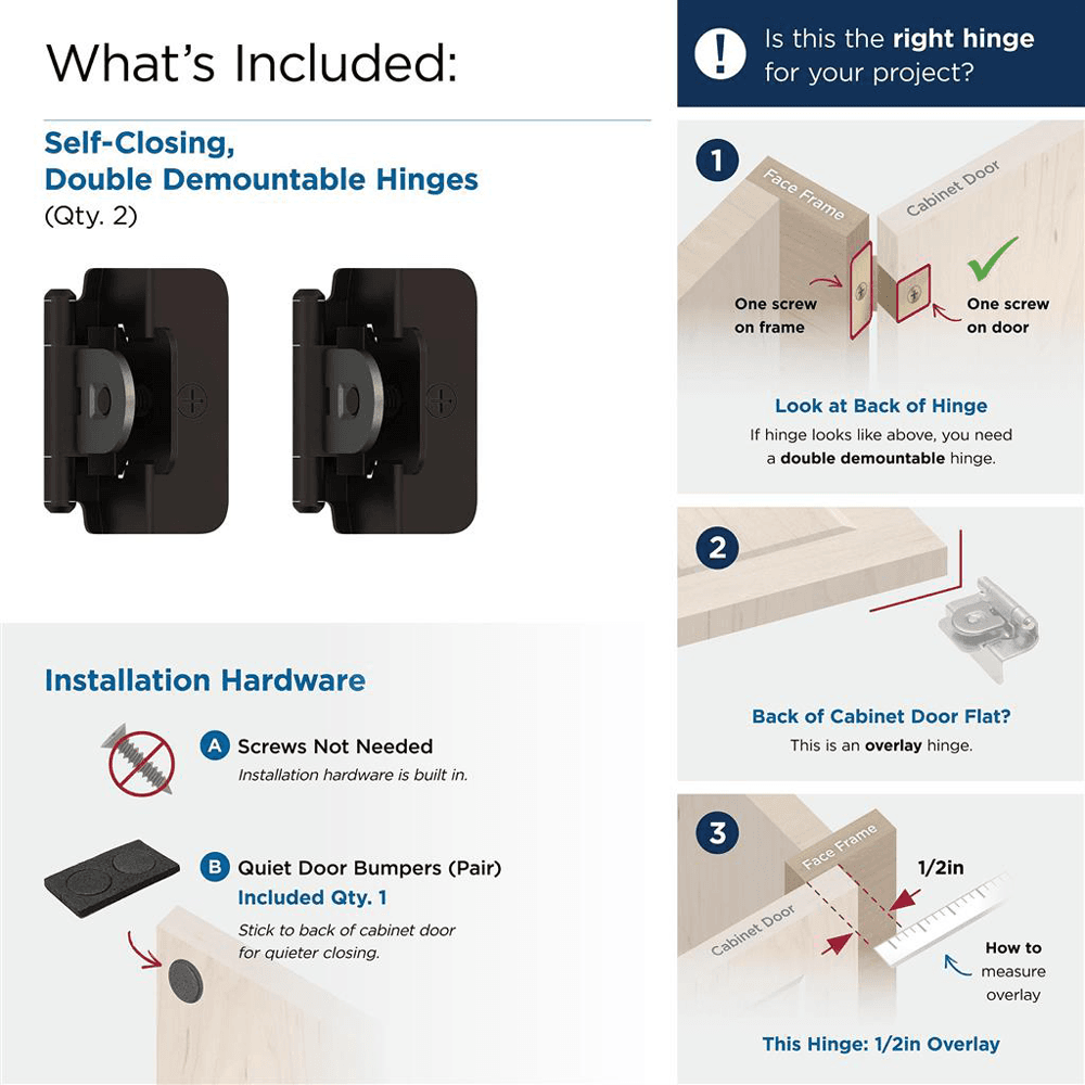 Double Demountable Hinge, Self-Closing, 1/2" Overlay, Oil Rubbed Bronze - What's Included