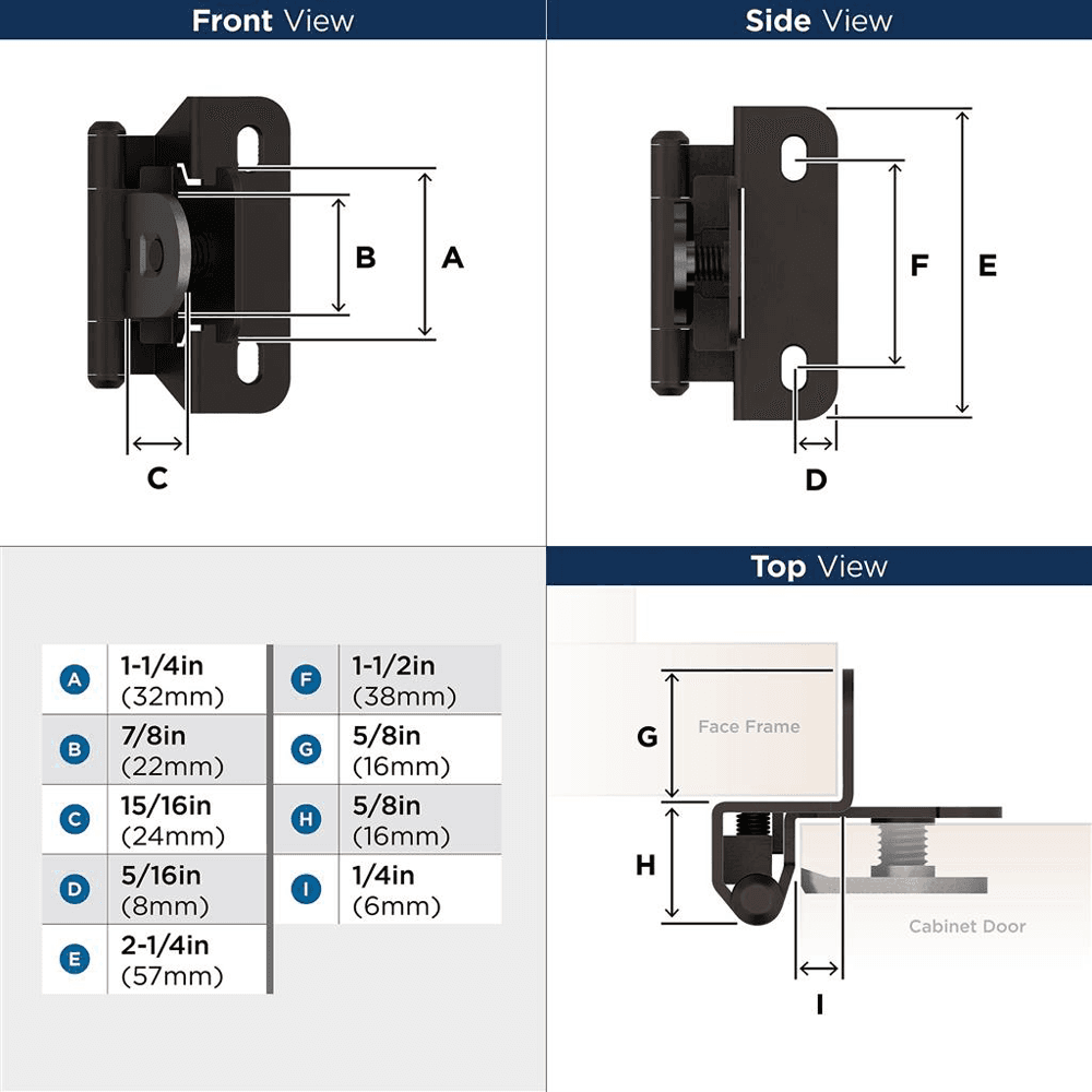 Single Demountable Hinge, Self-Closing, 1/4" Overlay, Oil Rubbed Bronze - Dimensions