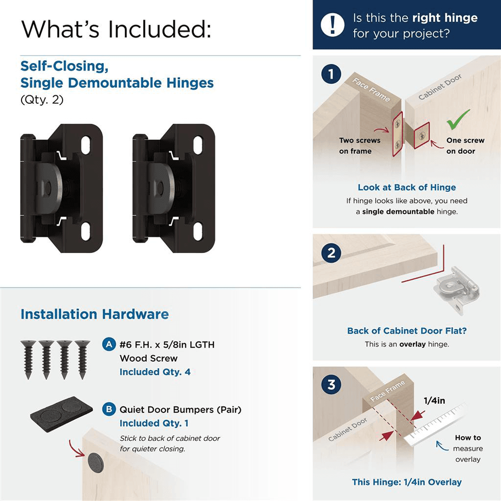 Single Demountable Hinge, Self-Closing, 1/4" Overlay, Oil Rubbed Bronze - What's Included