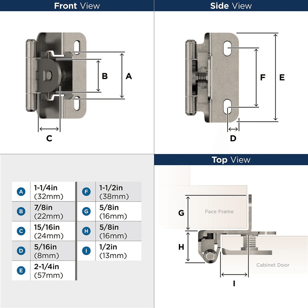 Single Demountable Hinge, Self-Closing, 1/2" Overlay, Nickel-Plated - Dimensions