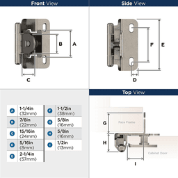 Single Demountable Hinge, Self-Closing, 1/2" Overlay, Nickel-Plated - Dimensions
