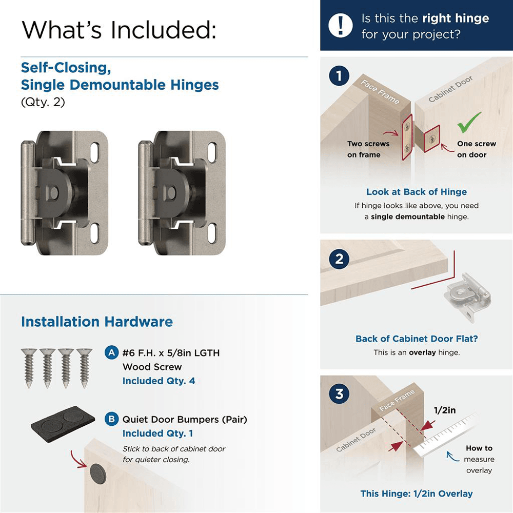 Single Demountable Hinge, Self-Closing, 1/2" Overlay, Nickel-Plated - What's Included