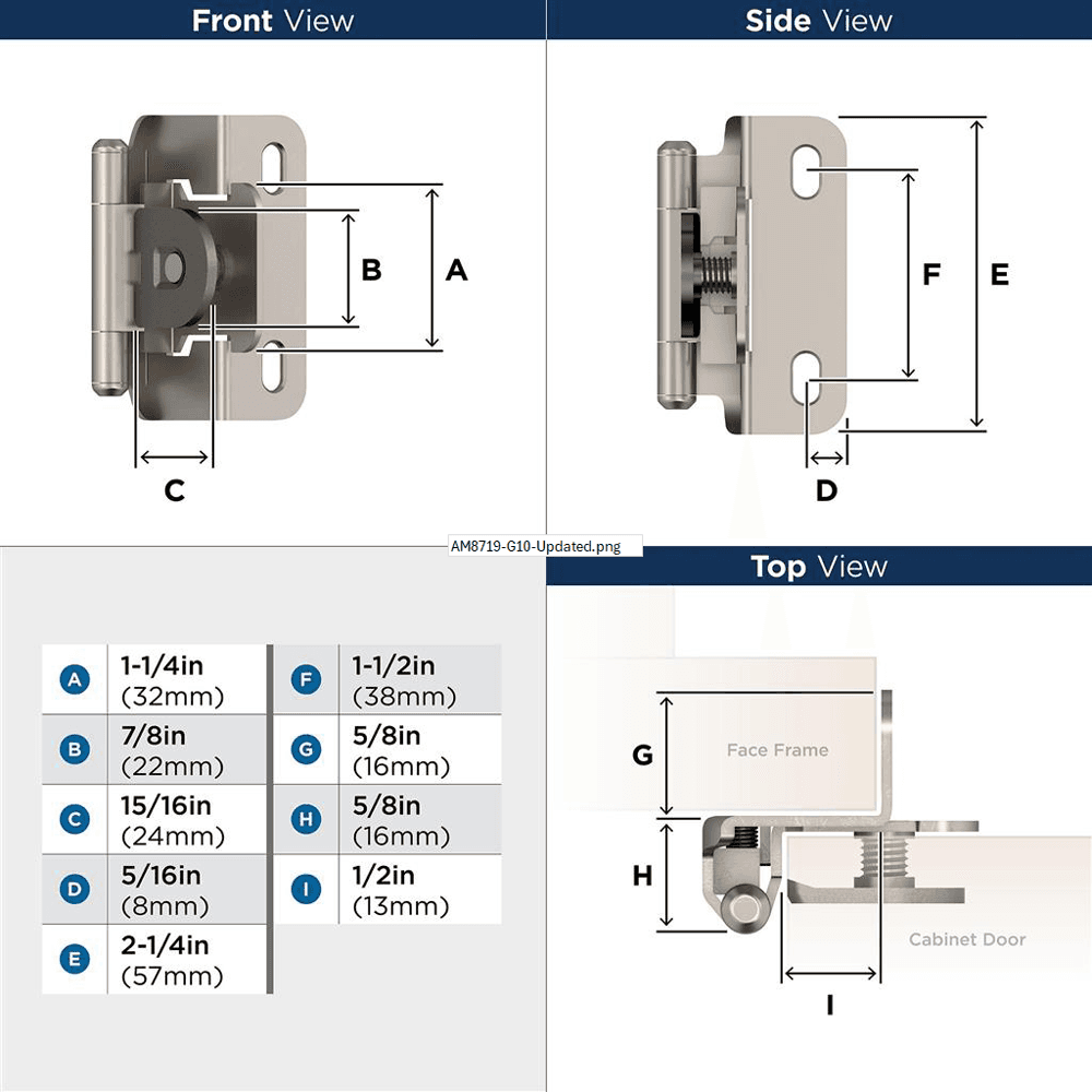 Single Demountable Hinge, Self-Closing, 1/2" Overlay, Satin Nickel - Dimensions
