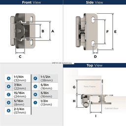Single Demountable Hinge, Self-Closing, 1/2" Overlay, Satin Nickel - Dimensions